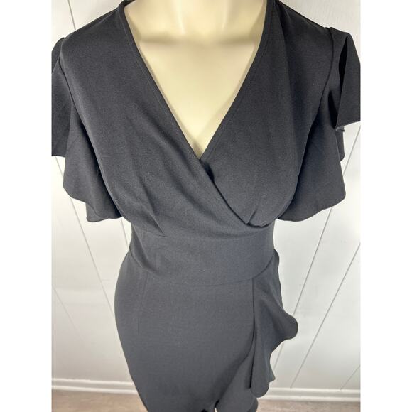 Knitee Women's Deep-V Neck Ruffle Sleeves Cocktail Party Pencil Slit Dress NWT S - Picture 3 of 10